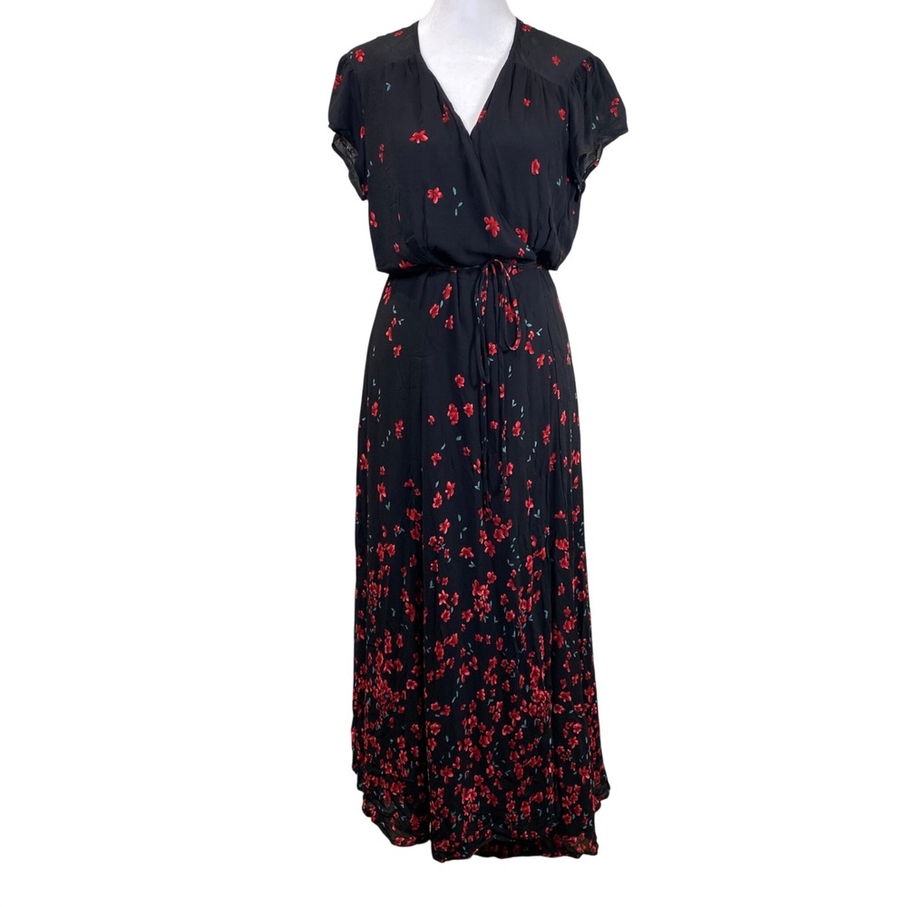 Reformation Floral Maxi Dress Black Red Wrap Tie Waist Boho Romantic Size Large